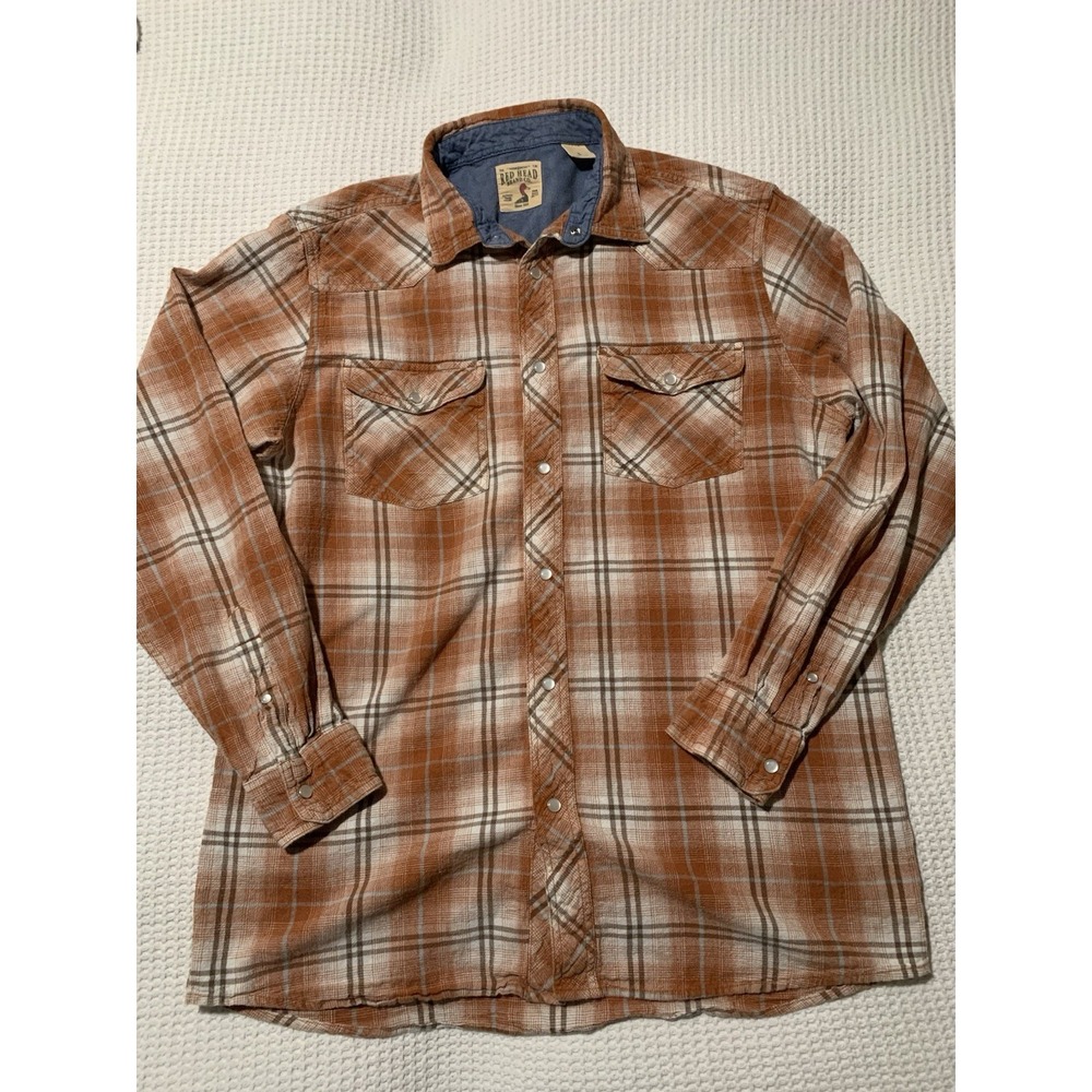 Red Head Plaid Flannel Long Sleeve‎ Pearl Snap Button Up Shirt Mens Size L